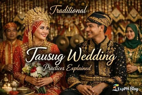 Traditional Tausug bride and groom wearing ornate wedding attire with gold embroidery during a Filipino Muslim wedding ceremony with ExpPH Blog logo