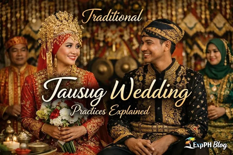 Traditional Tausug wedding couple wearing traditional attire during a cultural wedding ceremony in the Philippines with ExpPH Blog logo