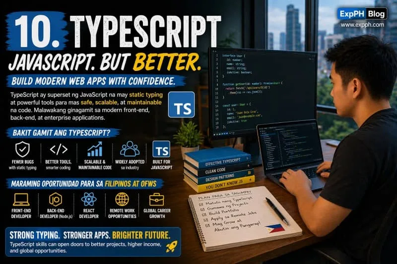 A Filipino developer coding TypeScript on a laptop with modern web app visuals, featuring bold mixed-font typography and ExpPH Blog logo.