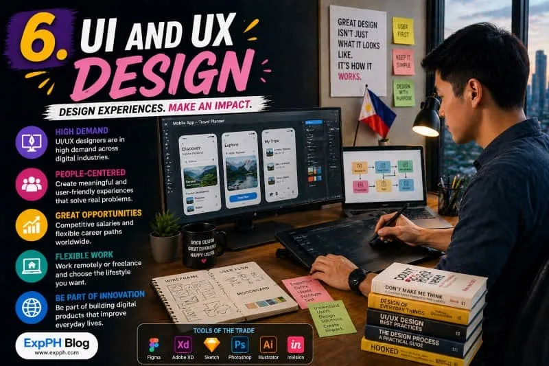 UI and UX Design Filipino designer creating mobile app interface on tablet and monitor in a modern workspace with ExpPH Blog logo