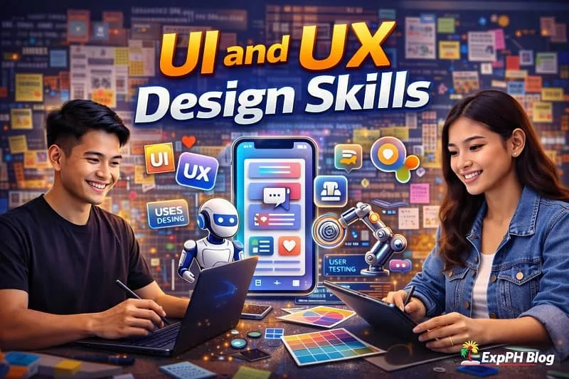Filipino UI and UX designers working on laptops and tablets with wireframes, mobile app screens, design tools, and user interface elements displayed on screens.
