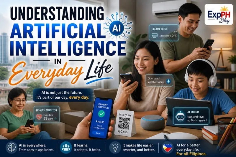 Filipino family using artificial intelligence in daily life including smart home technology, AI assistant, e-wallet payment, online learning, and health monitoring devices