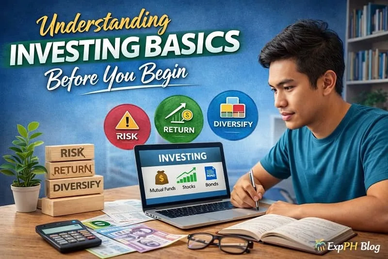Filipino beginner studying investing basics using laptop, calculator, and notes showing risk, return, and diversification with ExpPH Blog logo