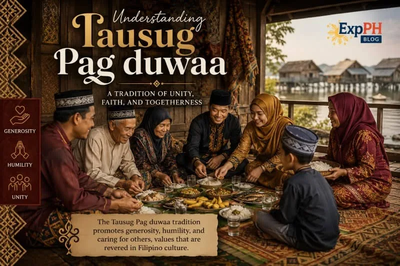 Tausug families and community members gathered together sharing food and prayer during a traditional Tausug Pag duwaa ceremony inside a realistic Filipino Muslim cultural setting with the ExpPH Blog logo.