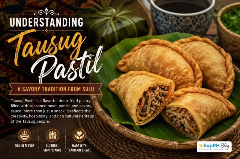 Understanding Tausug Pastil featuring golden deep-fried pastries filled with seasoned meat, pansit, and savory sauce, showcasing the traditional Tausug delicacy from Sulu and its rich cultural heritage.