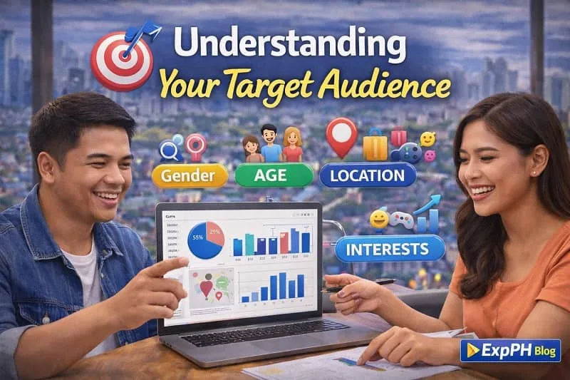 Filipino marketers analyzing target audience data including age, gender, location, and interests using digital analytics tools