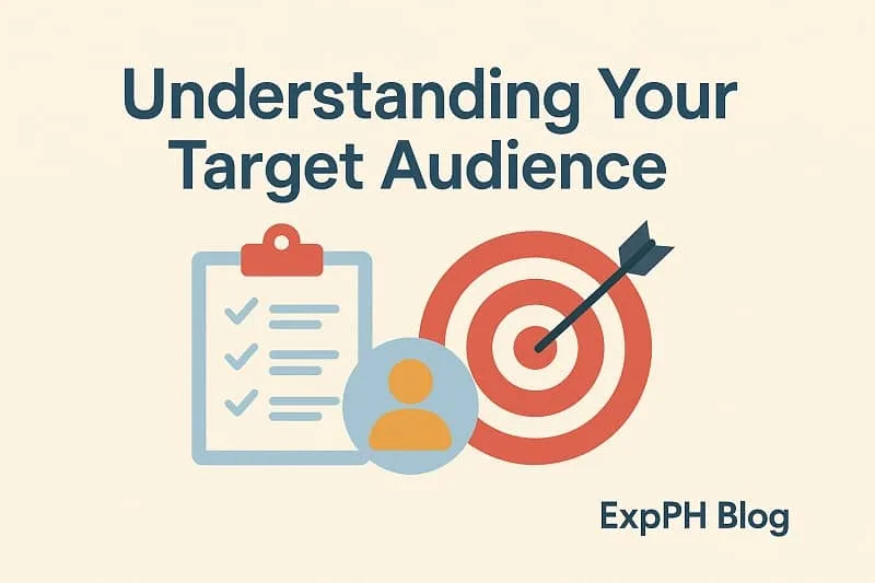 Realistic image showing a target board, checklist, and user icon representing Understanding Your Target Audience with a small ExpPH Blog logo.
