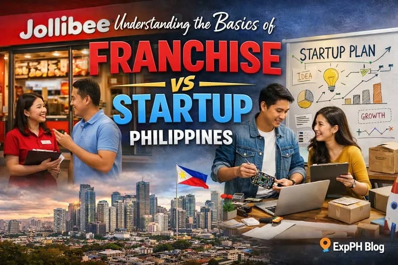 Filipino entrepreneurs comparing franchise and startup business options in the Philippines with city skyline background and business planning elements