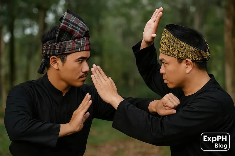 Two Tausug martial artists practicing Silat outdoors, demonstrating traditional hand techniques with the ExpPH Blog logo.