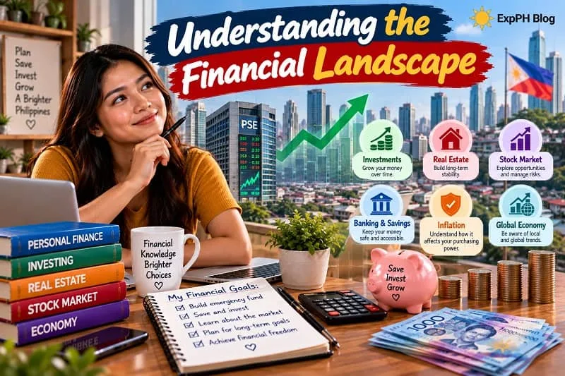 Filipino woman exploring financial topics at a desk with a laptop, Philippine peso bills, a calculator, financial books, and a savings piggy bank, with infographic panels about investments, real estate, stocks, banking, inflation, and the global economy.