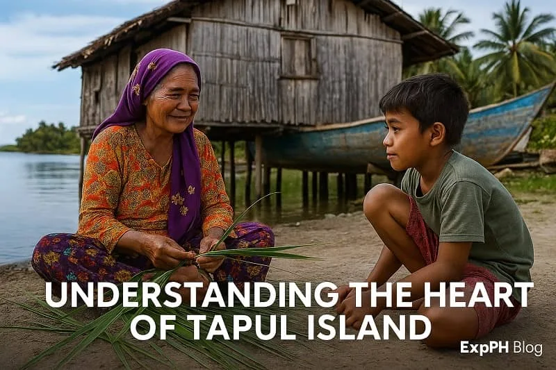 A realistic scene of a Tausug woman weaving palm leaves with a young boy beside a stilt house on Tapul Island, with the ExpPH Blog logo.
