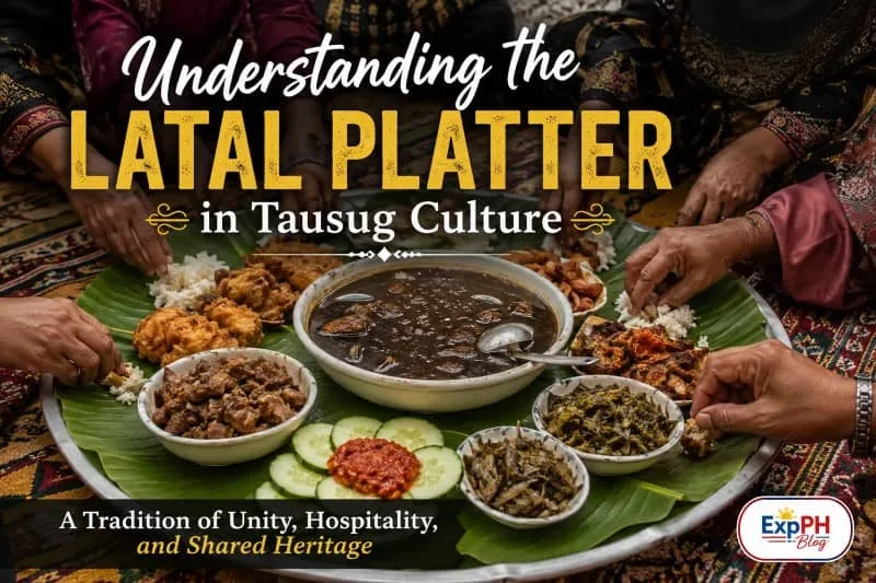 Traditional Tausug Latal Platter featuring tiyula itum, rice, and native dishes served on banana leaves as family members share a communal meal, symbolizing unity, hospitality, and cultural heritage in Sulu.