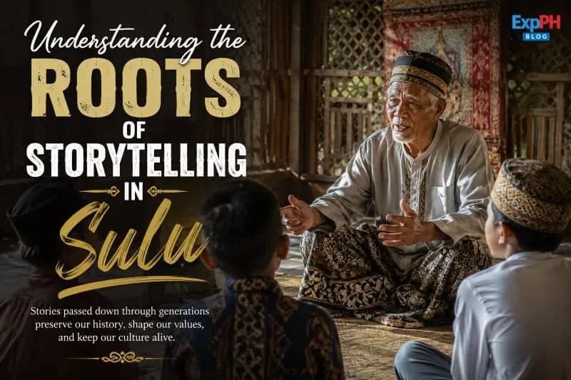 A realistic image of a Tausug elder in traditional attire sharing stories with young listeners inside a traditional Sulu wooden house, featuring cultural elements and the ExpPH Blog logo.