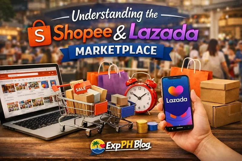 Laptop and smartphone showing Shopee and Lazada marketplace apps with shopping carts, packages, and ExpPH Blog logo in a Filipino shopping environment