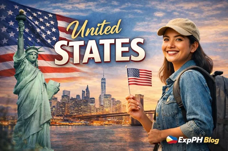 Filipina OFW holding a small US flag with the Statue of Liberty and New York skyline in the background, representing United States work opportunities for Filipinos, with ExpPH Blog logo.
