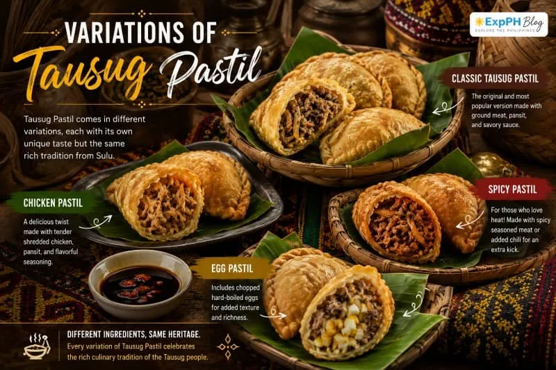 Variations of Tausug Pastil featuring classic, chicken, spicy, and egg-filled pastries displayed on traditional trays, showcasing the different versions of the famous deep-fried Tausug delicacy from Sulu.