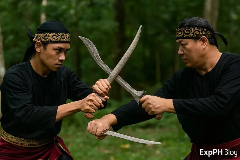 Two Tausug martial artists practicing Silat weapons training with barong and kris blades outdoors, featuring the ExpPH Blog logo.