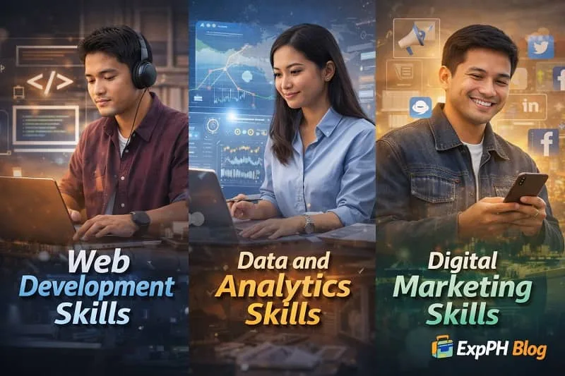 Filipino professionals showcasing web development, data and analytics, and digital marketing skills for global and remote careers with ExpPH Blog branding