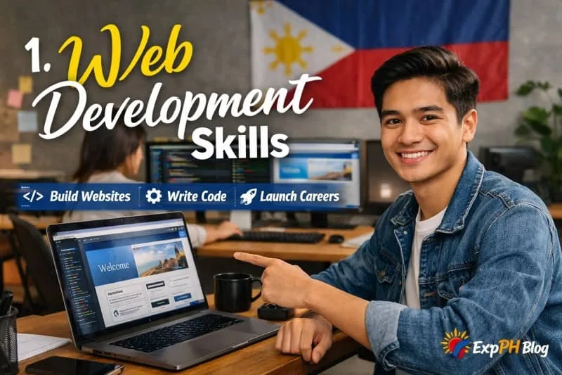 Filipino web developer working on a laptop with coding screen and Philippine flag background showcasing web development skills
