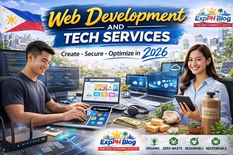 Filipino web developer coding on multiple monitors while another Filipino professional manages tech services on a tablet, with Web Development and Tech Services text and ExpPH Blog logo displayed.