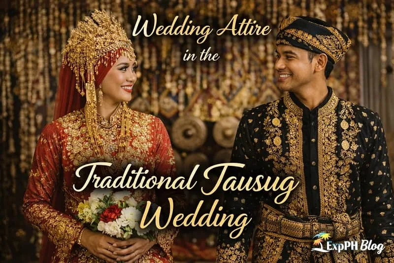 Traditional Tausug bride and groom wearing ornate wedding attire with gold embroidery during a Filipino Muslim wedding ceremony with ExpPH Blog logo