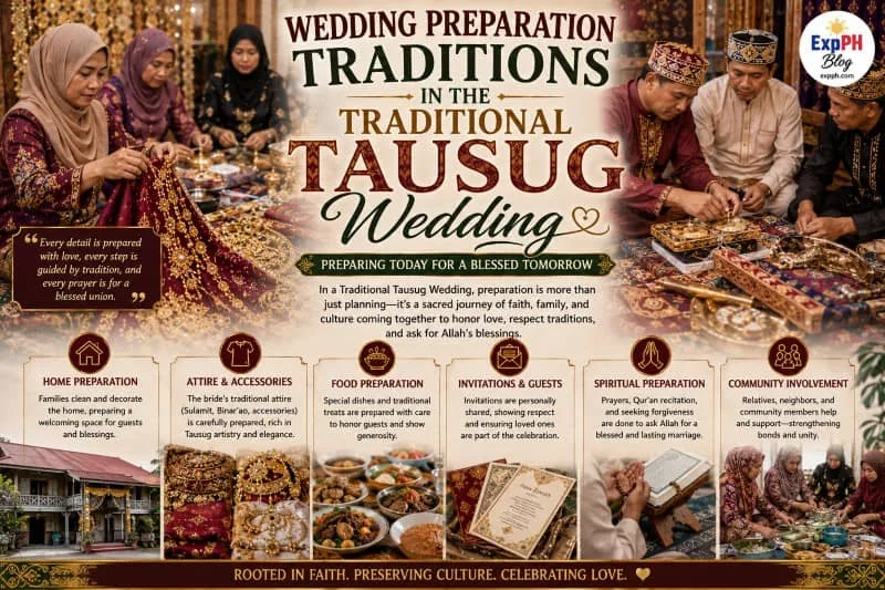 Realistic Traditional Tausug wedding preparation scene featuring Filipino Muslim families preparing attire, food, decorations, and spiritual rituals with ExpPH Blog logo.