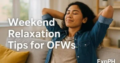 Filipino OFW relaxing at home on a weekend, enjoying peaceful rest and self care, representing weekend relaxation tips for OFWs.