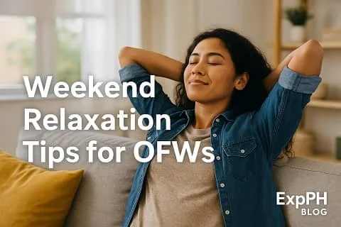 Filipino OFW relaxing at home on a weekend, enjoying peaceful rest and self care, representing weekend relaxation tips for OFWs.