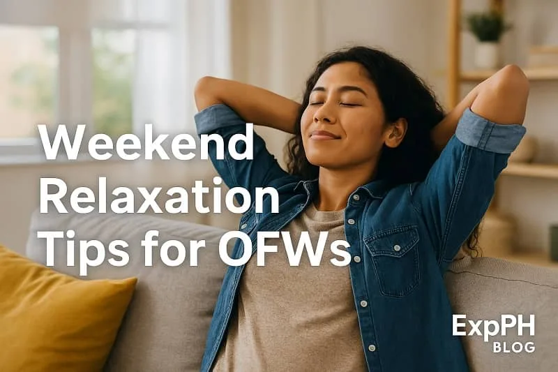 Filipino OFW relaxing at home on a weekend, enjoying peaceful rest and self care, representing weekend relaxation tips for OFWs.