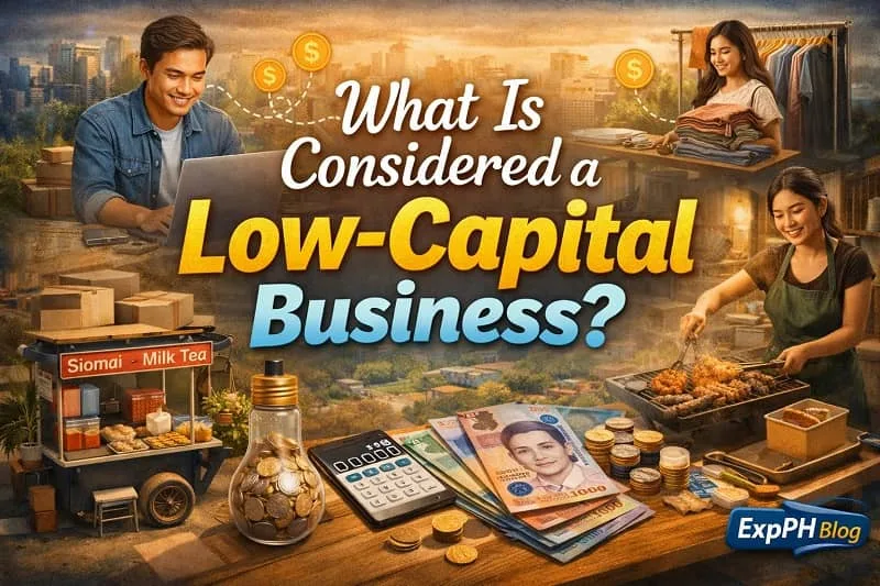 Filipino small business ideas including online selling, street food cart, and clothing shop representing low-capital business opportunities with ExpPH Blog logo