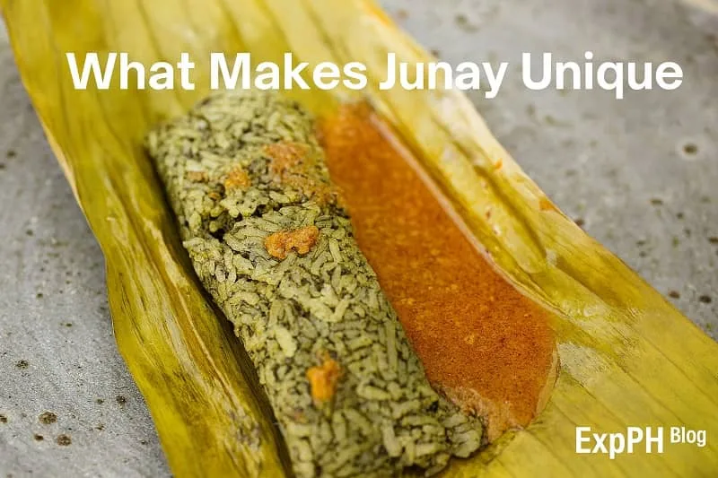A realistic image of traditional Junay unwrapped from banana leaves, showing seasoned rice and sauce, with the ExpPH Blog logo included.