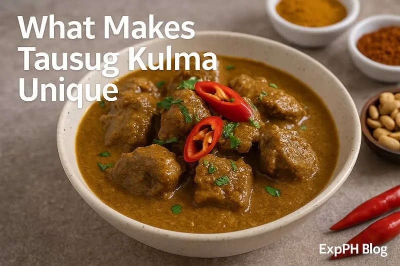 A realistic bowl of Tausug Kulma curry with tender beef, rich coconut based sauce, red chilies, spices, and ExpPH Blog logo.