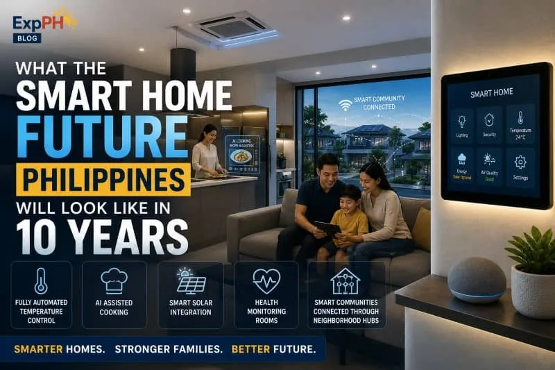 Filipino family inside a futuristic smart home in the Philippines using advanced home automation and AI powered technology.
