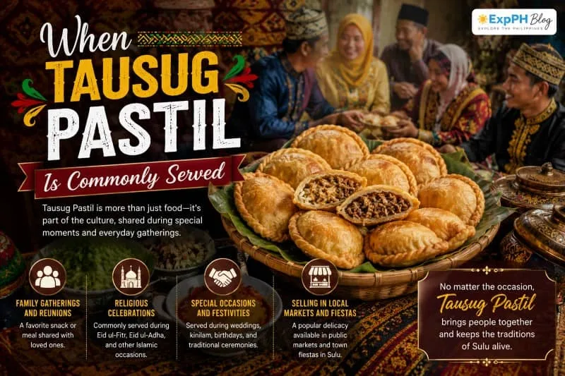 When Tausug Pastil Is Commonly Served featuring a tray of traditional Tausug Pastil shared during family gatherings, religious celebrations, special occasions, and community events in Sulu, highlighting its cultural significance and role in bringing people together.