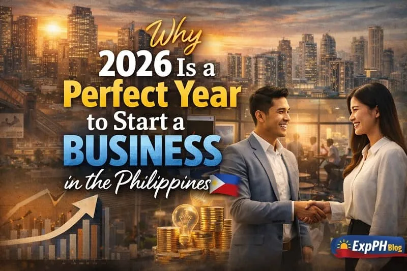 Filipino entrepreneurs shaking hands with Manila skyline showing why 2026 is a perfect year to start a business in the Philippines