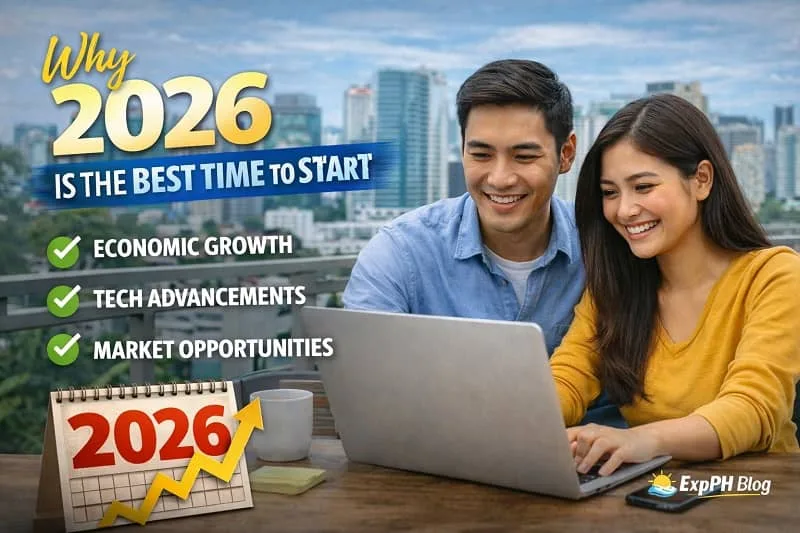 Filipino entrepreneur confidently working on a laptop with modern workspace setup, highlighting why 2026 is the best time to start an online business, with ExpPH Blog logo