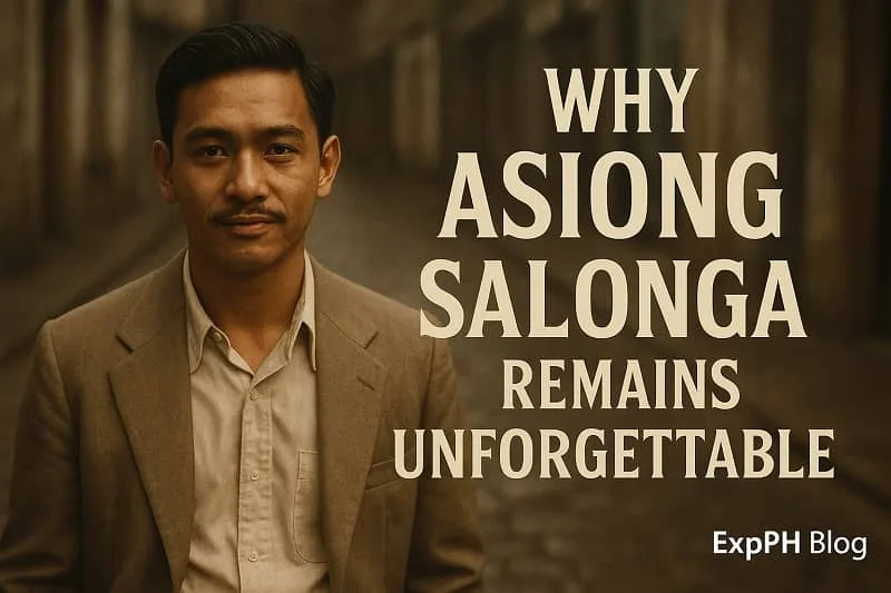 Realistic vintage style portrait of Asiong Salonga in an old Manila street with ExpPH Blog logo.