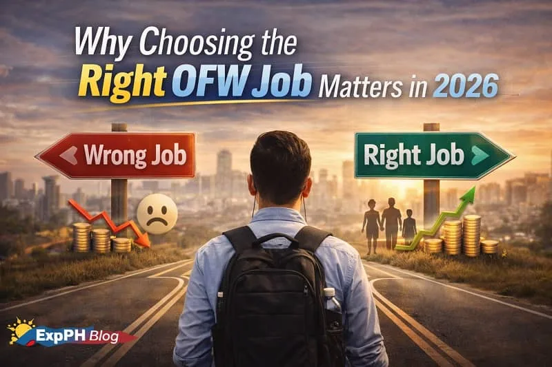 Filipino worker standing at a crossroads choosing between wrong job and right job signs with financial growth and family stability symbols, featuring ExpPH Blog logo.