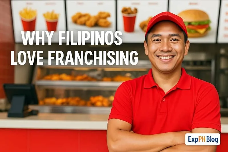 A realistic image of a smiling Filipino franchise worker standing confidently inside a fast food shop, representing why many Filipinos love franchising, with the ExpPH Blog logo included.