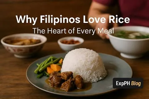 A traditional Filipino meal with steamed white rice at the center, surrounded by classic viands, showing rice as the heart of everyday Filipino dining.
