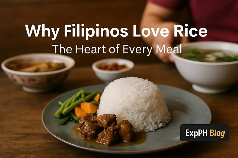 A traditional Filipino meal with steamed white rice at the center, surrounded by classic viands, showing rice as the heart of everyday Filipino dining.