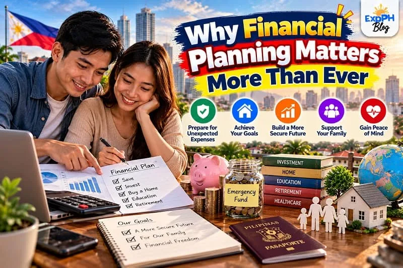 A Filipino couple reviewing their financial plan with a budget checklist, calculator, emergency savings jar, investment books, and a model house, with a Philippine city skyline in the background.