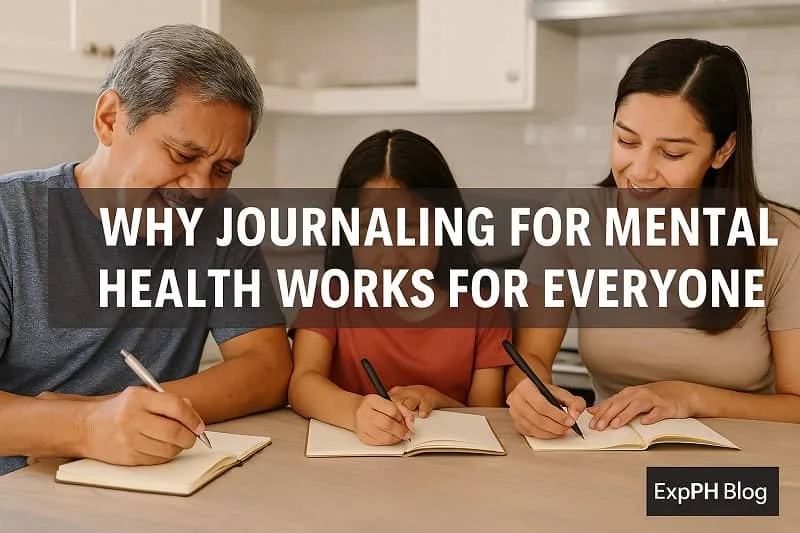 A diverse group of Filipinos journaling in a calm environment, showing how journaling supports emotional wellness for people of all ages, with the ExpPH Blog logo included.