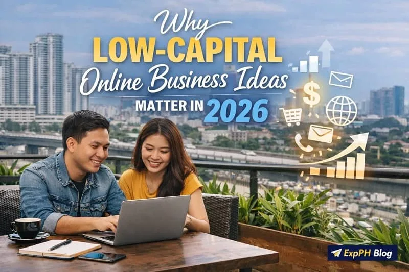 Filipino couple working on a laptop with city background showing low-capital online business ideas in 2026 with growth icons and ExpPH Blog logo