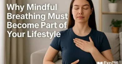 Woman practicing mindful breathing at home as part of a healthy lifestyle with ExpPH Blog logo.