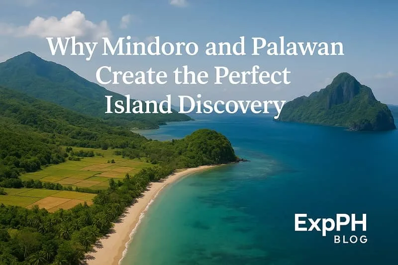 A realistic aerial view of Mindoro and Palawan’s coastline featuring turquoise waters, green mountains, sandy shores, and the ExpPH Blog logo with the text Why Mindoro and Palawan Create the Perfect Island Discovery.
