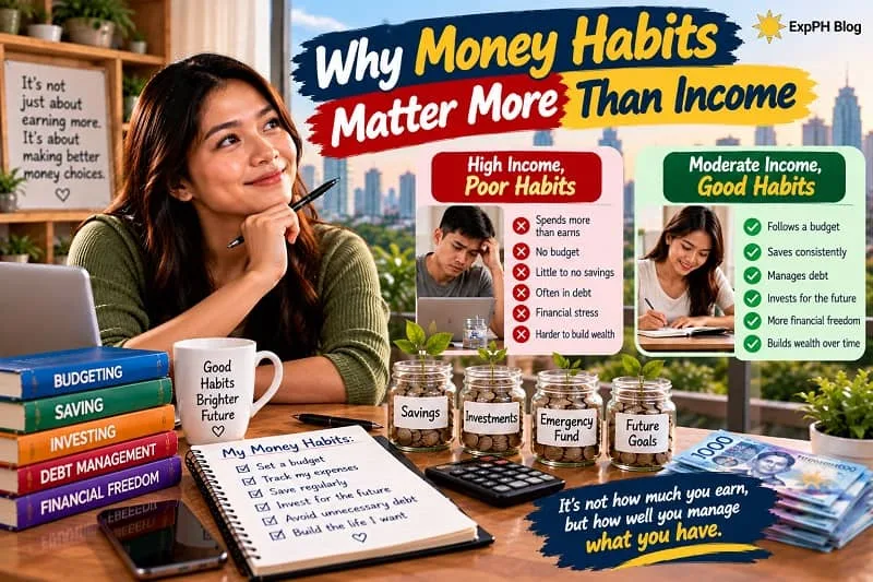 Filipina reviewing her finances at a desk with budgeting books, savings jars, Philippine peso bills, and a financial goals notebook, alongside a comparison of poor money habits and healthy financial practices.