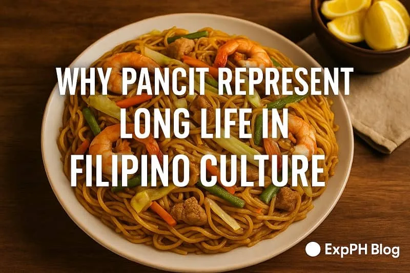 A realistic bowl of pancit with shrimp, vegetables, and meat, representing Filipino culture and the symbolism of long life, with the ExpPH Blog logo.