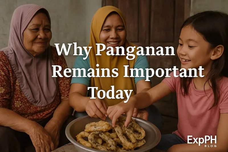 Elderly Filipino woman enjoying Panganan at a local market, showing why this traditional sweet deep fried snack remains important in Filipino food culture today.
