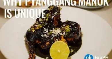 A realistic Pyanggang Manok dish with burnt coconut sauce, lime garnish, and the ExpPH Blog logo.